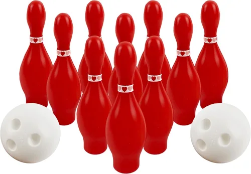 4E's Novelty Juego de bolos para el día de San Valentín, 10 pines rojos, 2 bolas, juego de carnaval para interiores y exteriores, juegos de fiesta