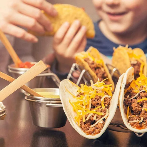 Miniatura 4 de TOPINCN Soporte para tacos de acero inoxidable, 3 rejillas en forma de V, bandeja para tacos con taza de salsa, bandeja de metal para servir maíz