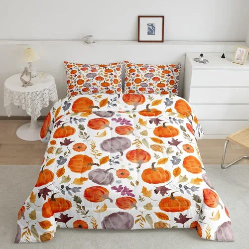 Miniatura 14 de Erosebridal Edredón de Halloween, edredón de otoño con hojas de plumón para dormitorio, decoración de sala de estar, farol de calabaza, juego