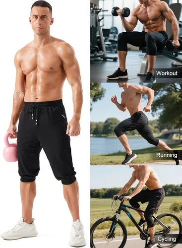 Miniatura 6 de MAGCOMSEN Pantalones capri de 34 para hombre con bolsillos con cremallera, ajustados, para entrenamiento, correr, entrenamiento, pantalones capri
