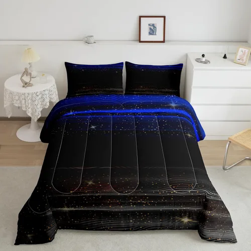 Juego de edredón de rayas azul oscuro, tamaño matrimonial, color negro, degradado, para niños, niñas, dormitorio, estrellas degradadas, cielo Azul 02