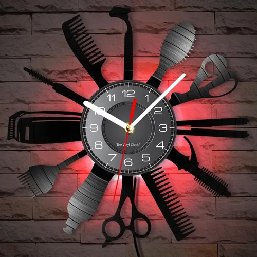 Miniatura 3 de Reloj de pared con herramientas de peluquería de 12 pulgadas con 7 colores cambiantes, reloj de pared para peluquería y negocios, reloj de pared