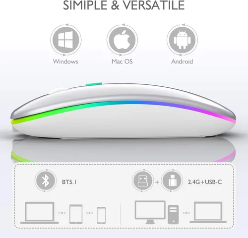 Miniatura 4 de Mouse inalámbrico Bluetooth para MacBook Air/Mac/Pro/portátil/computadora/PC, interruptor de modo dual recargable, mouse Bluetooth 5.2/3.0 y plateado