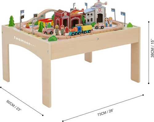 Miniatura 5 de Teamson Kids Juego de mesa de tren con 85 piezas, mesa de actividades de laboratorio de juego preescolar con trenes de madera, coches, ferrocarril