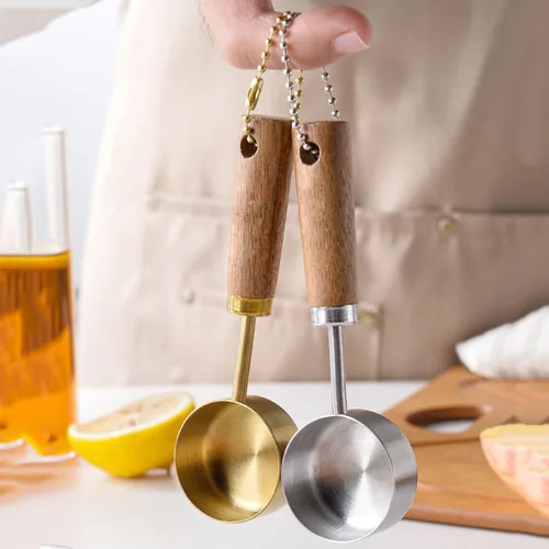 Miniatura 2 de JASHII Juego de tazas medidoras de 0.5 fl oz/0.47 oz con mango de madera, 2 cucharas medidoras de acero inoxidable plateado, juego de utensilios