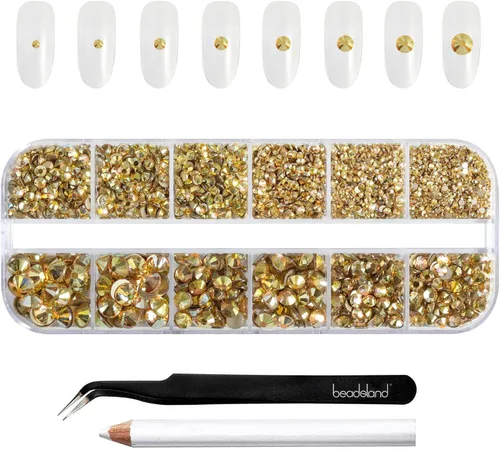 Miniatura 30 de Beadsland Diamantes de imitación para maquillaje, 8 tamaños, 2500 unidades de diamantes de imitación de cristal con parte trasera plana, gemas