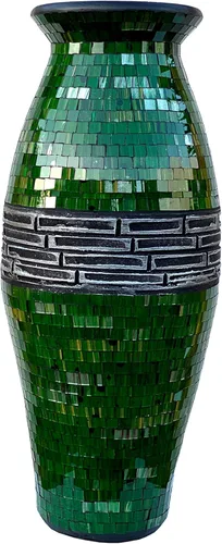 Jarrón de piso, cilindro alto hecho de terracota con piezas de mosaico de vidrio verde bosque, exquisita pieza de decoración del hogar (24 x 10