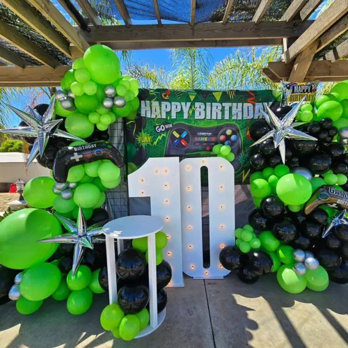 Miniatura 6 de Kit de guirnalda de arco de globos de videojuegos, 144 unidades, color verde, negro y plateado, estrella explosiva, globos de Mylar para niños