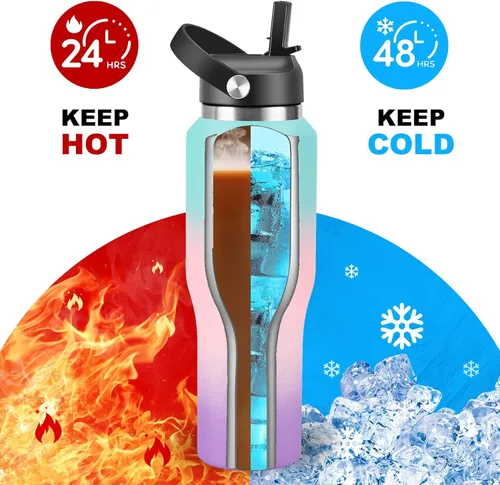 Miniatura 3 de HYDROWION Botella de agua de acero inoxidable, 32 onzas, boca ancha, doble pared, aislada al vacío, con tapa de pajilla, tapa de boquilla y tapa