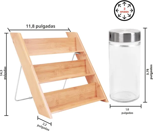 Miniatura 7 de Orii Organizador compacto de especias de bambú de 18 tarros para encimera y cajón de cocina, lleno de especias, programa