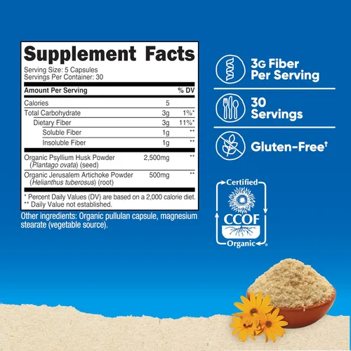 Miniatura 2 de Cápsulas de fibra Nutricost con suplemento de fibra prebiótica 150 cápsulas - Suplemento certificado CCOF, hecho con cáscara de psyllium orgánica