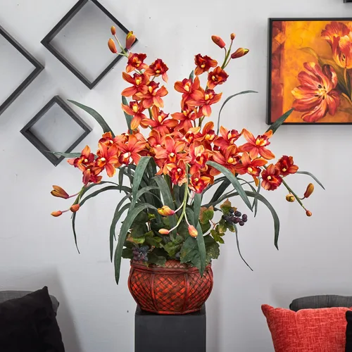 Miniatura 5 de Cymbidium con jarrón decorativo, arreglo de seda