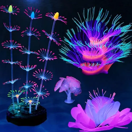 Paquete de 4 plantas de silicona para decoración de pecera, adornos brillantes para peceras de acuario, decoración artificial de coral de anémona de