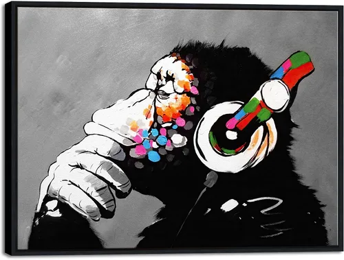 Miniatura 12 de Wieco Art Marco Negro Mono con Auriculares Banksy Arte de Graffiti Abstracto Pinturas en Lienzo Impresiones Arte de Pared en Lienzo de Animales