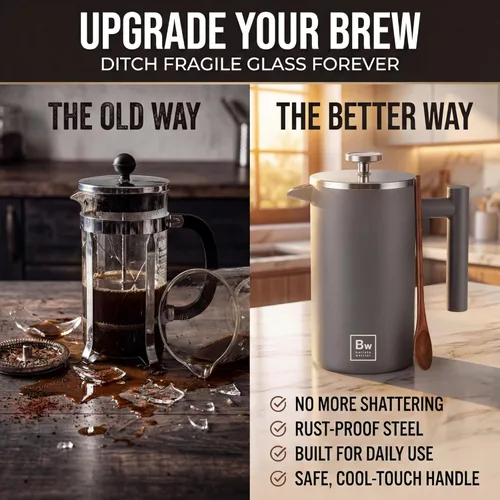 Miniatura 5 de Barista Warrior Prensa francesa con termómetro, prensa de café aislada, cafetera de acero inoxidable (1.0L, 34 onzas líquidas, gris)