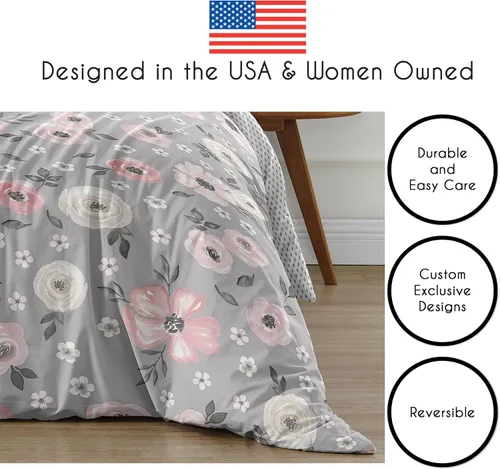 Miniatura 6 de Sweet Jojo Designs Juego de edredón individual de 2 piezas (gris acuarela floral) para niñas, adolescentes y niños, ropa de cama en una bolsa