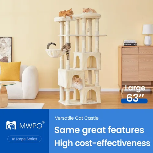 Miniatura 2 de MWPO Árbol grande para gatos de interior, torre de gatos de 63 pulgadas con 3 condominios para gatos, postes rascadores, pedestales acolchados, Beige
