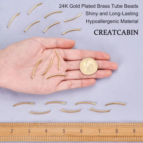 Miniatura 3 de CREATCABIN 1 caja de 30 cuentas de tubo curvadas de oro de latón elegante cuentas de fideos chapados en oro real de 24 quilates, conectores