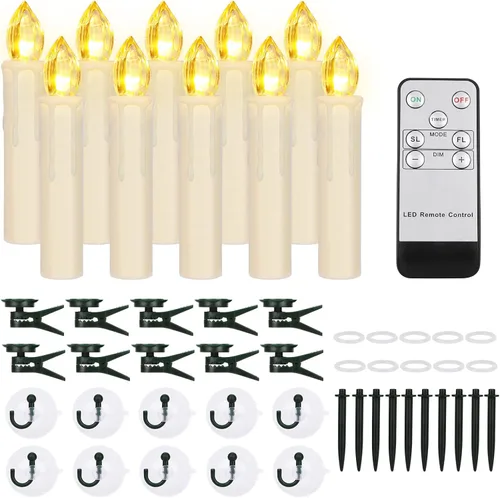 FPOO 10 velas LED para ventana con temporizador remoto, velas cónicas sin llama, funcionan con pilas, luces de vela de Navidad parpadeantes blancas