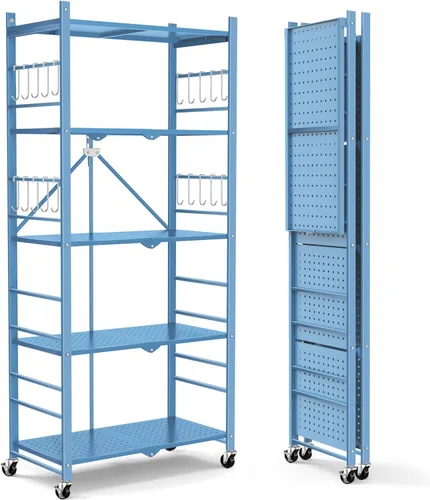 Miniatura 9 de Himix Estantes de almacenamiento con 6 ganchos, estante plegable de 3 niveles con ruedas, estantería de almacenamiento de metal, carrito rodante