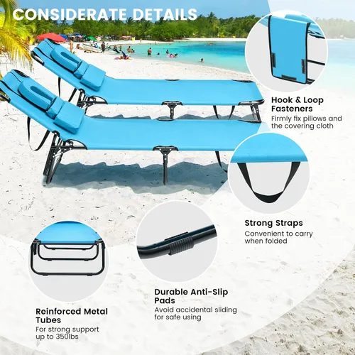 Miniatura 4 de GYMAX Silla de bronceado, silla de playa de 350 libras con agujero para la cara, almohada lavable y correa de transporte, tumbona plegable