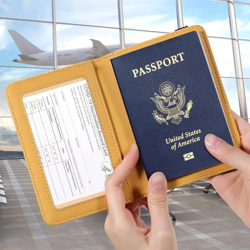 Miniatura 3 de Casmonal Funda para pasaporte, cartera con bloqueo RFID, funda de cuero, organizador de documentos de viaje, Combo de vacunación amarillo