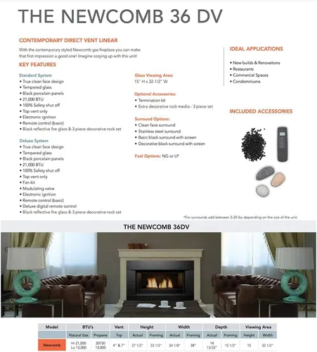 Miniatura 5 de Newcomb - Chimenea lineal de ventilación directa de gas natural de 36