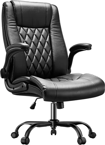 Marsail Silla de oficina ejecutiva con reposabrazos abatibles, silla de escritorio ergonómica de piel sintética, silla de escritorio giratoria de