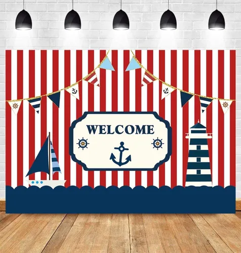Fondo de fotografía para fiestas temáticas náuticas de 7 x 5 pies, color rojo y blanco, a rayas marinas, barco, decoración de fondo para niños,