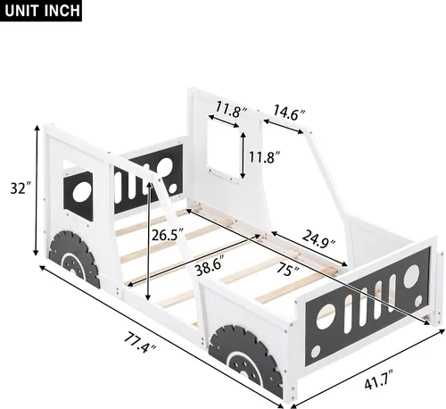 Miniatura 2 de Polibi Cama de plataforma, tamaño individual, cama clásica de madera en forma de automóvil con ruedas, cabecero, estribo, puertas, ventanas