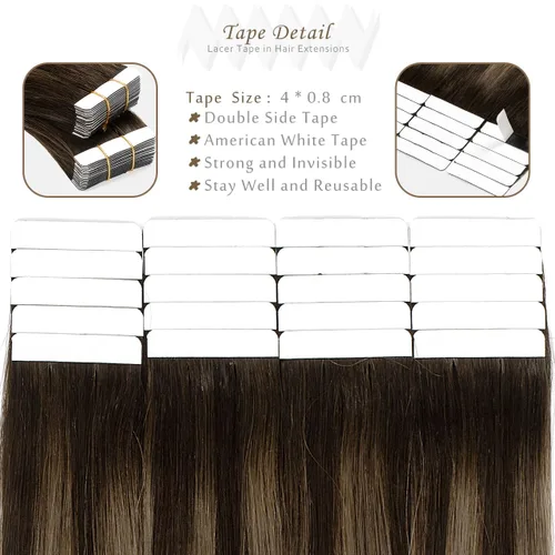 Miniatura 3 de Lacer Extensiones de cabello humano con cinta, cabello humano castaño mezclado con marrón oscuro con raíces de color marrón oscuro, invisible