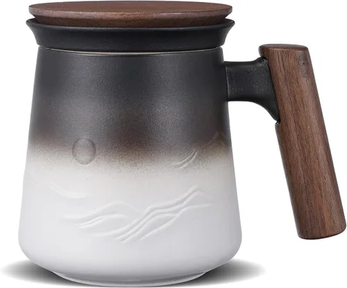Miniatura 18 de ZENS Taza de Té de Cerámica en Relieve con Infusor y Tapa, 14.5 oz, Asa de Madera, Tazas Infusoras de Té de Hojas Sueltas y Colador para Regalos