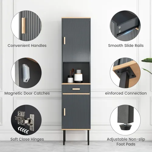 Miniatura 7 de Tangkula Armario alto de baño, armario de almacenamiento independiente con puertas gabinete, compartimento abierto y cajón, torre estrecha
