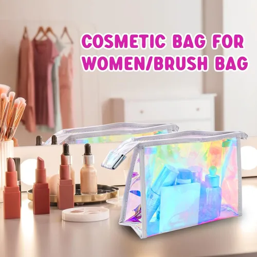 Miniatura 6 de Zwish 10 bolsas de maquillaje iridiscentes a granel, bolsas holográficas para cosméticos, bolsa portátil con cremallera, bolsa de aseo de viaje