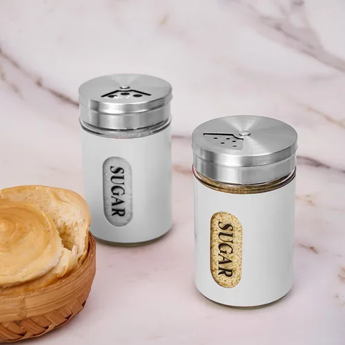 Miniatura 2 de Espolvoreador de Azúcar de Acero Inoxidable y Vidrio con Agujeros de Vertido Ajustables Espolvoreador de Canela Para Barra de Café, juego de 2 Blanco