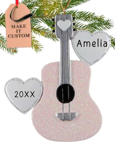 Adorno de guitarra personalizado 2026 | Adornos musicales de Navidad grabados con láser para árbol | Regalo de recuerdo rosa personalizado para