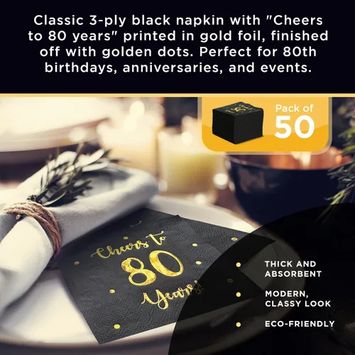 Miniatura 6 de Servilletas de cóctel de Cheers to 80 años, decoraciones de feliz cumpleaños n.° 80 para hombres y mujeres, decoraciones de fiesta de aniversario