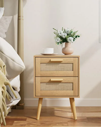 Miniatura 3 de Masupu Mesita de noche de ratán, moderna mesita de noche bohemia con 2 cajones, mesa auxiliar pequeña para dormitorio, sala de estar, oficina