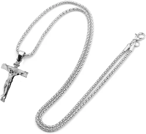 Miniatura 2 de Axmerdal Collar de cruz de acero inoxidable con crucifijo de Jesucristo cruz de oración del Señor para hombres y mujeres cadena de caja de 24 iNCH