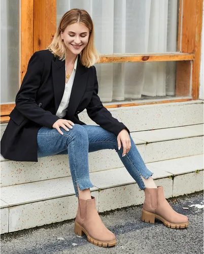 Miniatura 27 de starmerx Botines de plataforma para mujer, botas Chelsea elásticas, tacón medio, botines sin cordones