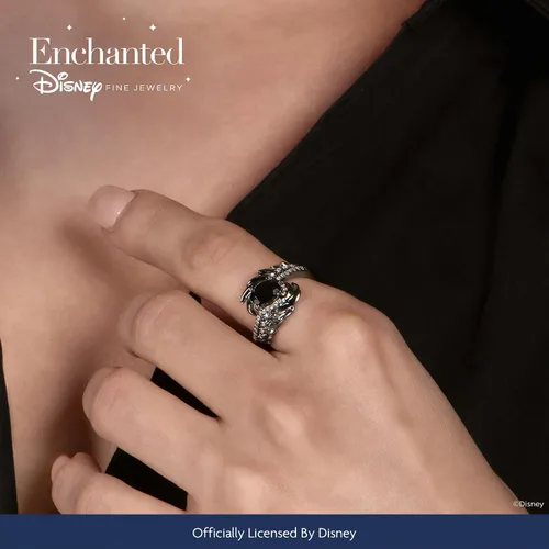 Miniatura 2 de Jewelili Enchanted Disney Fine Jewelry Anillo de plata de ley con rodio negro de 16 quilates de diamante y alas de maléfica de ónix, Metal, Diamante