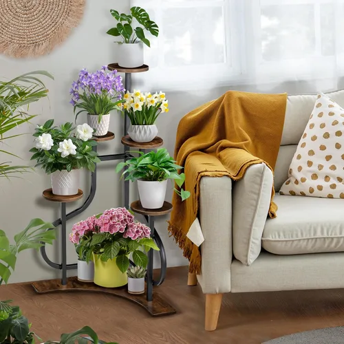 Miniatura 4 de Soporte esquinero de 6 niveles, soporte para plantas de interior con base en forma de L, estante estético de metal para múltiples plantas, maceta