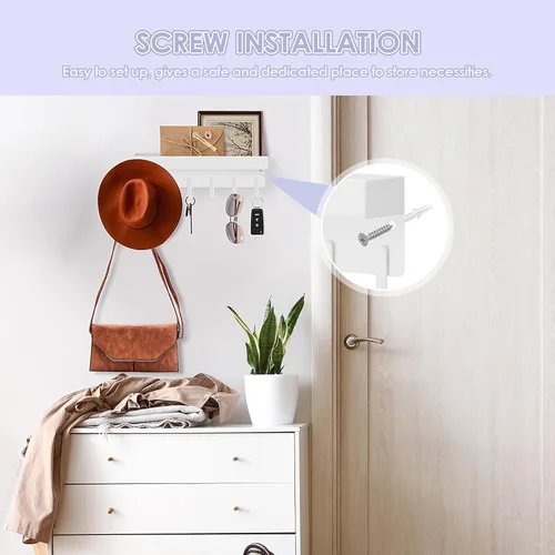 Miniatura 3 de VIS'V Soporte para llaves de pared, soporte adhesivo compacto para llaves con bandeja, 6 ganchos, 2 opciones de montaje, color blanco