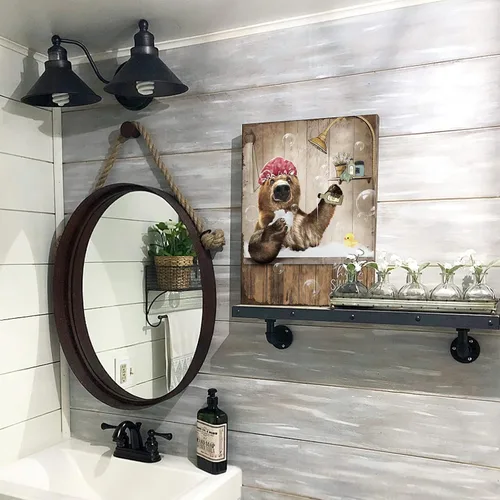 Miniatura 5 de Bonito oso para decoración de baño, arte de pared divertido con estampado de oso de casa de campo, pintura decorativa de pared enmarcada moderna