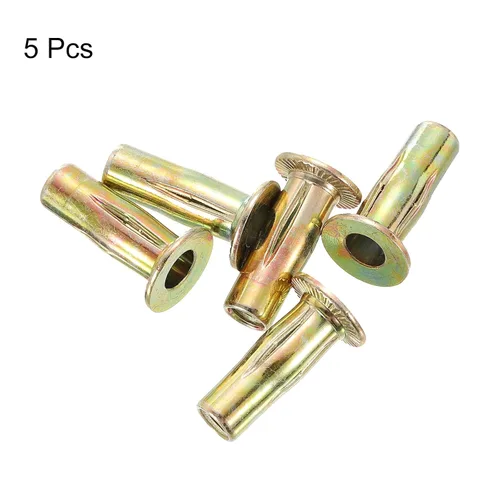 Miniatura 3 de uxcell Tuercas remachadoras multiagarre 1/4-20, 5 piezas de vástago preabombado cabeza plana roscada tuerca de inserción chapada en zinc dorado
