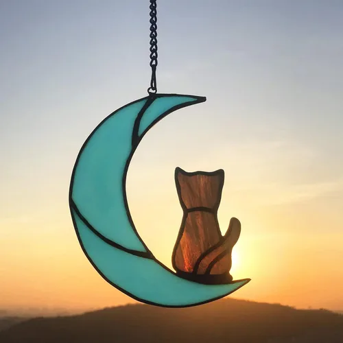 Miniatura 7 de Decoración de gato atigrado gris en luna azul para colgar en la ventana, regalo conmemorativo para los amantes de los gatos, adorno para mascotas