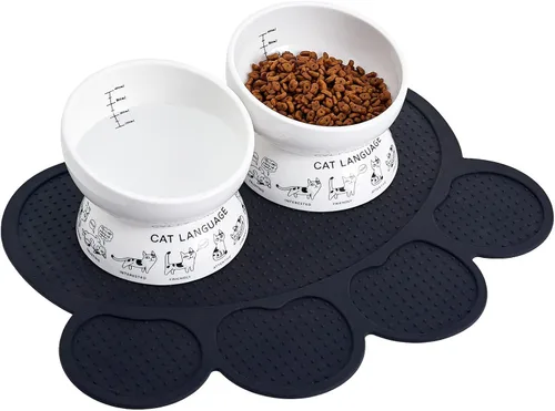 Cuencos elevados de cerámica para gatos | Cuenco elevado inclinado para alimentos y agua | Cuenco pequeño para perros con alfombrilla de silicona