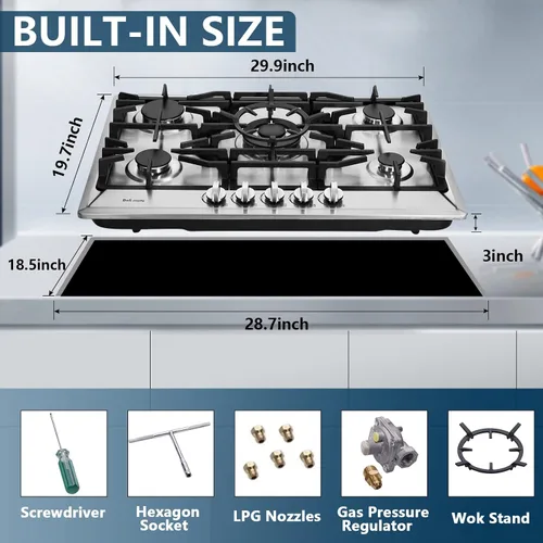 Miniatura 4 de Placa de cocina de gas de 30 pulgadas, estufa de gas de acero inoxidable empotrada de 5 quemadores, encimera de gas convertible GLP/GN, placa de gas