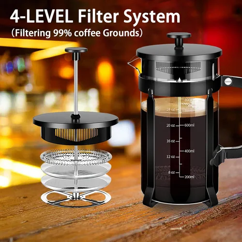 Miniatura 2 de YMMIND - Cafetera de prensa francesa de acero inoxidable 304, con sistema de filtración de 4 filtros, vidrio de borosilicato grueso resistente al