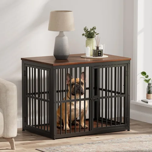 Miniatura 10 de Lyromix Mueble de jaula para perros de 27'' con 3 puertas, mesa auxiliar de jaula de madera resistente, jaula interior para cachorros para perros